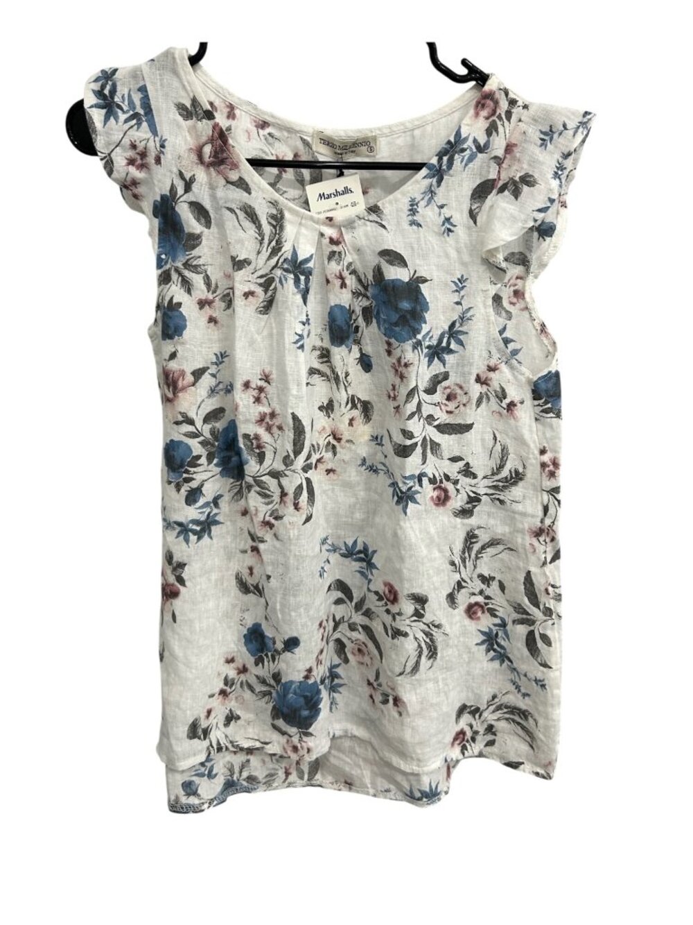 Terzo Millennio Small Flutter Sleeve Floral Linen Blouse White Blue Boho NEW